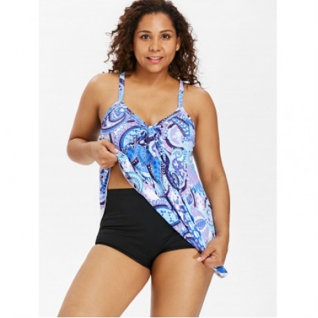 Plus Size Paisley Pattern Empire Waist Tankini Set (MULTI)