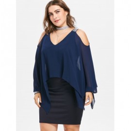 PLUS SIZE LONG SLEEVE MESH OVERLAY DRESS (DEEP BLUE)