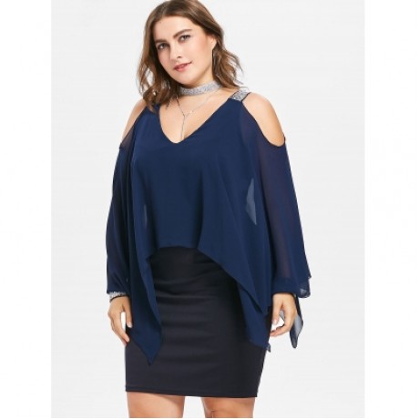 PLUS SIZE LONG SLEEVE MESH OVERLAY DRESS (DEEP BLUE)