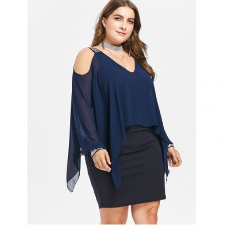 PLUS SIZE LONG SLEEVE MESH OVERLAY DRESS (DEEP BLUE)