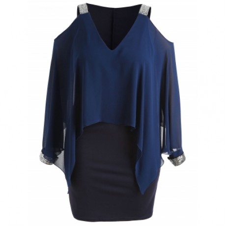 PLUS SIZE LONG SLEEVE MESH OVERLAY DRESS (DEEP BLUE)