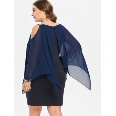 PLUS SIZE LONG SLEEVE MESH OVERLAY DRESS (DEEP BLUE)
