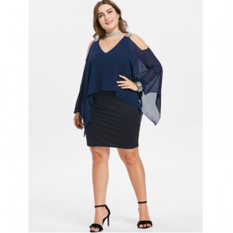 PLUS SIZE LONG SLEEVE MESH OVERLAY DRESS (DEEP BLUE)