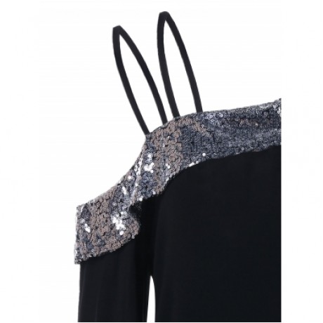 Cold Shoulder Sequin Insert Top (BLACK)