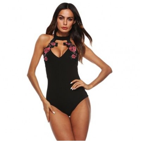 Halter Neck Cut Out Backless Floral Embroidery Women Bodysuit (BLACK)