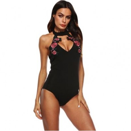 Halter Neck Cut Out Backless Floral Embroidery Women Bodysuit (BLACK)