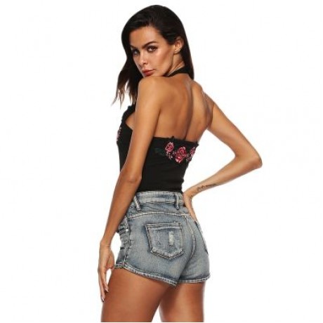 Halter Neck Cut Out Backless Floral Embroidery Women Bodysuit (BLACK)