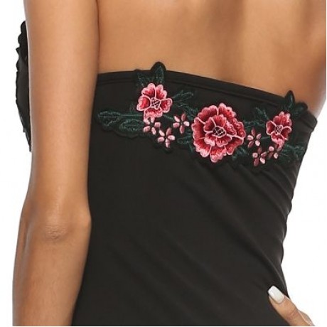 Halter Neck Cut Out Backless Floral Embroidery Women Bodysuit (BLACK)