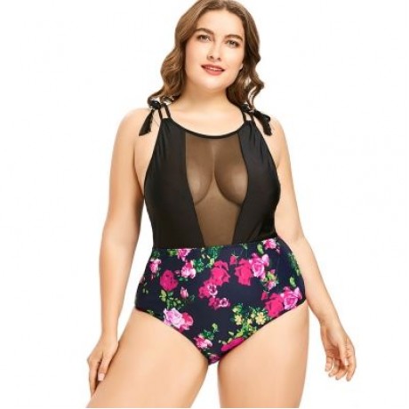 Plus Size Racerback Floral Swimsuit (ROSE RED)
