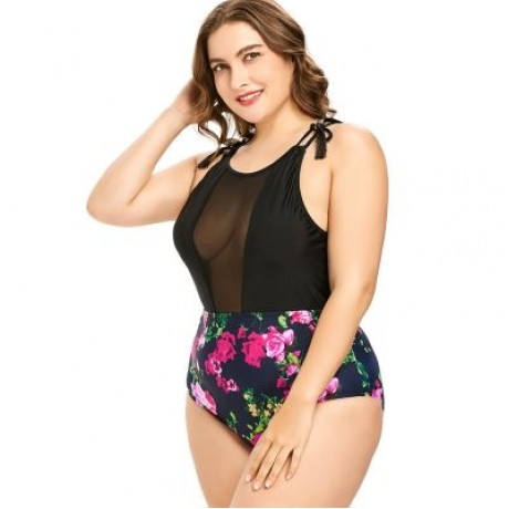 Plus Size Racerback Floral Swimsuit (ROSE RED)