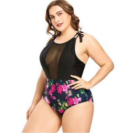 Plus Size Racerback Floral Swimsuit (ROSE RED)