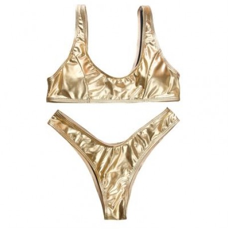 Shoulder Strap Backless Padded Foil Solid Color Low Waist Women Bikini Set (GOLD)