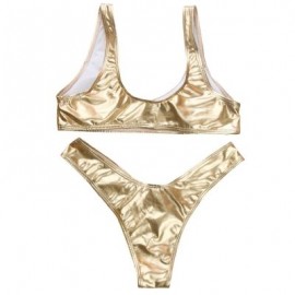 Shoulder Strap Backless Padded Foil Solid Color Low Waist Women Bikini Set (GOLD)