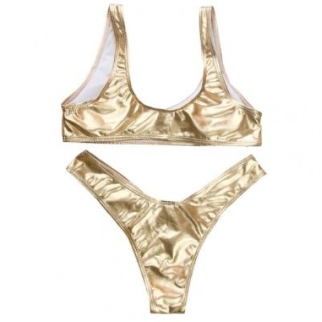 Shoulder Strap Backless Padded Foil Solid Color Low Waist Women Bikini Set (GOLD)