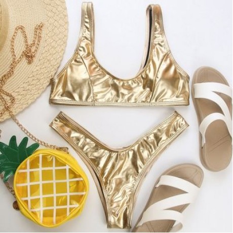 Shoulder Strap Backless Padded Foil Solid Color Low Waist Women Bikini Set (GOLD)