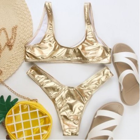 Shoulder Strap Backless Padded Foil Solid Color Low Waist Women Bikini Set (GOLD)