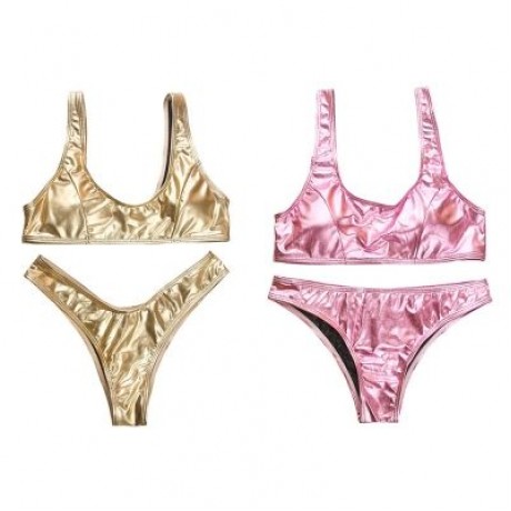 Shoulder Strap Backless Padded Foil Solid Color Low Waist Women Bikini Set (GOLD)