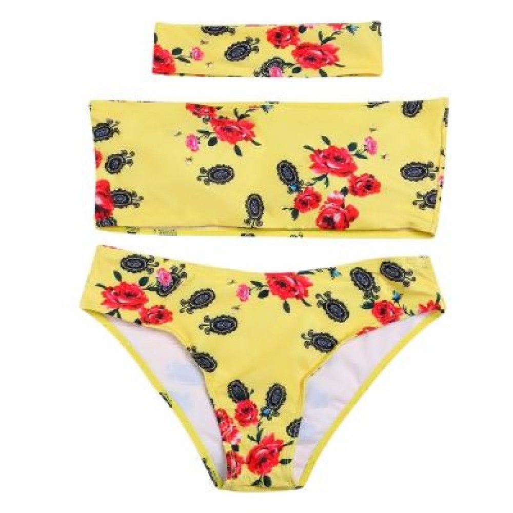 Strapless Padded Floral Print Low Waist Women Bikini Set (YELLOW)
