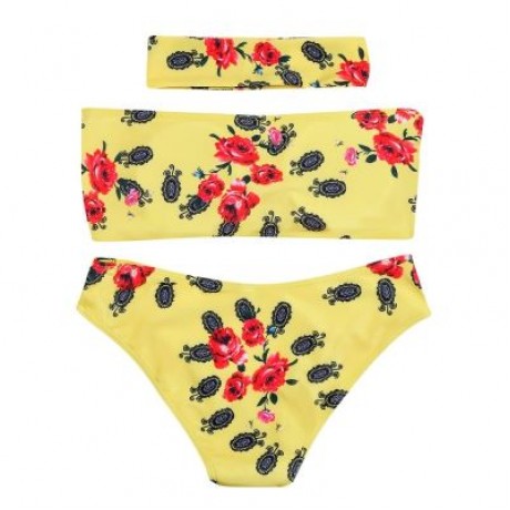 Strapless Padded Floral Print Low Waist Women Bikini Set (YELLOW)