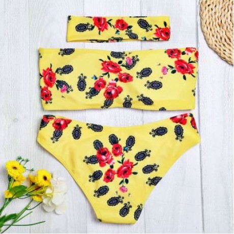 Strapless Padded Floral Print Low Waist Women Bikini Set (YELLOW)