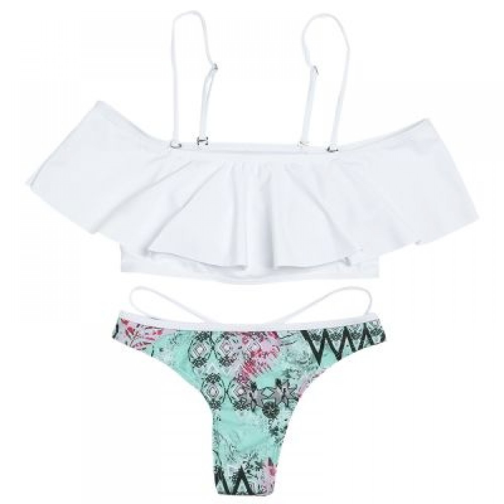 Strapless Spaghetti Strap Flounce Padded Print Low Waist Women Bikini Set (WHITE)