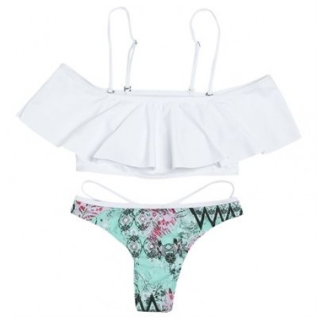 Strapless Spaghetti Strap Flounce Padded Print Low Waist Women Bikini Set (WHITE)