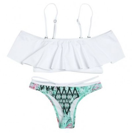 Strapless Spaghetti Strap Flounce Padded Print Low Waist Women Bikini Set (WHITE)