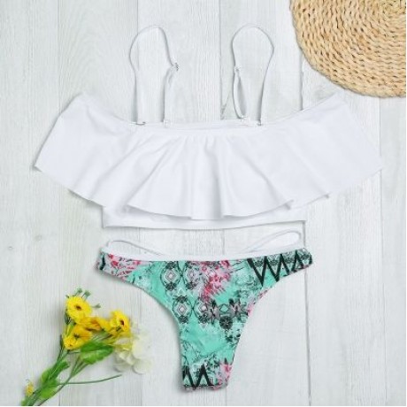 Strapless Spaghetti Strap Flounce Padded Print Low Waist Women Bikini Set (WHITE)