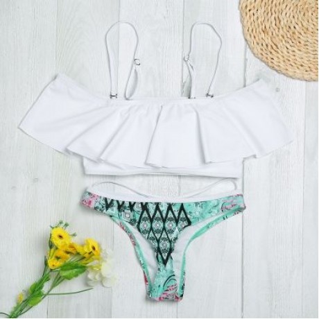 Strapless Spaghetti Strap Flounce Padded Print Low Waist Women Bikini Set (WHITE)