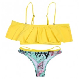 Strapless Spaghetti Strap Flounce Padded Print Low Waist Women Bikini Set (YELLOW)