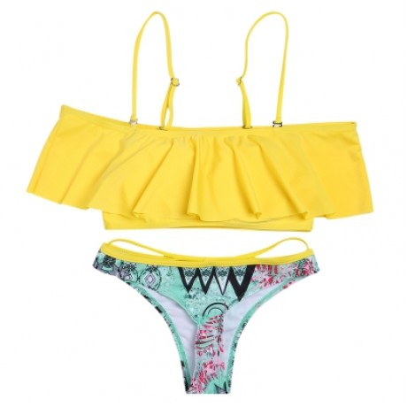 Strapless Spaghetti Strap Flounce Padded Print Low Waist Women Bikini Set (YELLOW)
