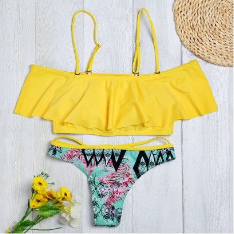 Strapless Spaghetti Strap Flounce Padded Print Low Waist Women Bikini Set (YELLOW)