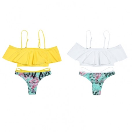 Strapless Spaghetti Strap Flounce Padded Print Low Waist Women Bikini Set (YELLOW)