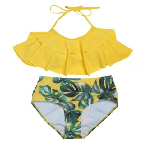 Halter Neck Padded Flounce Print High Waist Women Bikini Set (YELLOW)