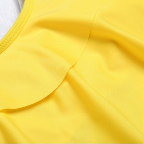 Halter Neck Padded Flounce Print High Waist Women Bikini Set (YELLOW)