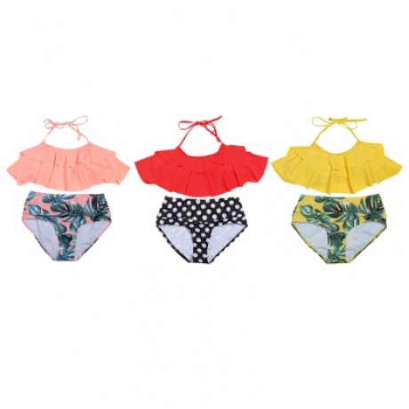 Halter Neck Padded Flounce Print High Waist Women Bikini Set (YELLOW)