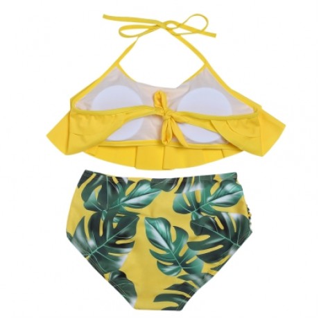Halter Neck Padded Flounce Print High Waist Women Bikini Set (YELLOW)