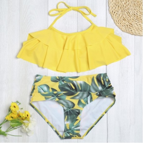 Halter Neck Padded Flounce Print High Waist Women Bikini Set (YELLOW)