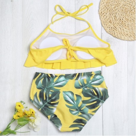 Halter Neck Padded Flounce Print High Waist Women Bikini Set (YELLOW)