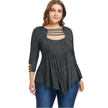 Plus Size Ladder Cut Out A Line T-shirt (DARK GRAY)