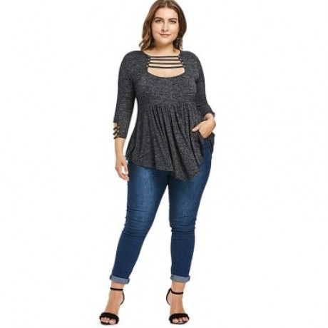 Plus Size Ladder Cut Out A Line T-shirt (DARK GRAY)