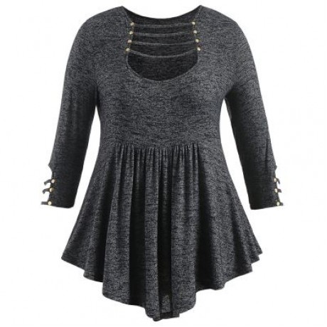 Plus Size Ladder Cut Out A Line T-shirt (DARK GRAY)
