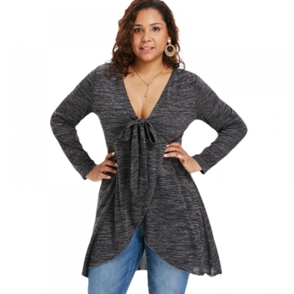 Plus Size Deep V Neck Long Sleeve T-shirt (BLACK)