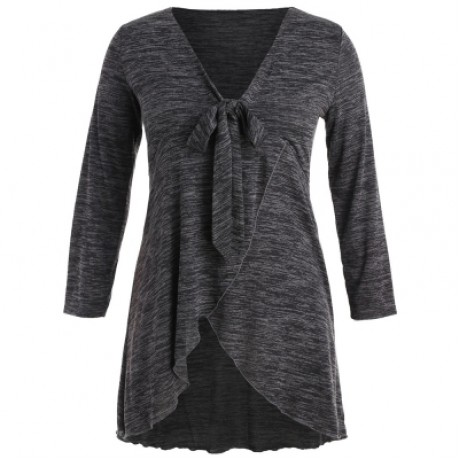 Plus Size Deep V Neck Long Sleeve T-shirt (BLACK)
