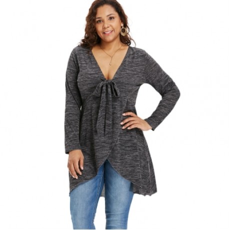 Plus Size Deep V Neck Long Sleeve T-shirt (BLACK)