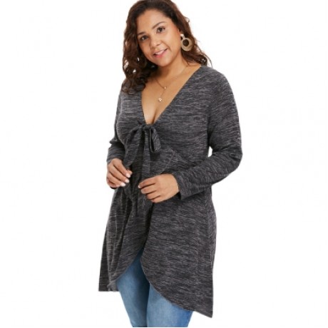 Plus Size Deep V Neck Long Sleeve T-shirt (BLACK)