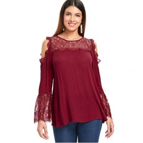 Open Shoulder Lace Insert Blouse (RED WINE)