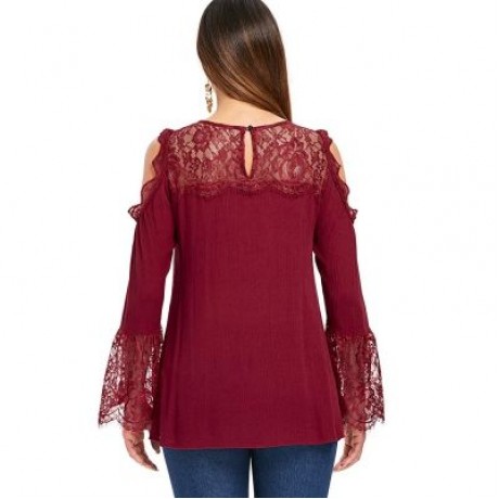Open Shoulder Lace Insert Blouse (RED WINE)