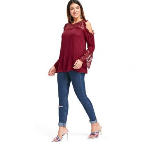 Open Shoulder Lace Insert Blouse (RED WINE)