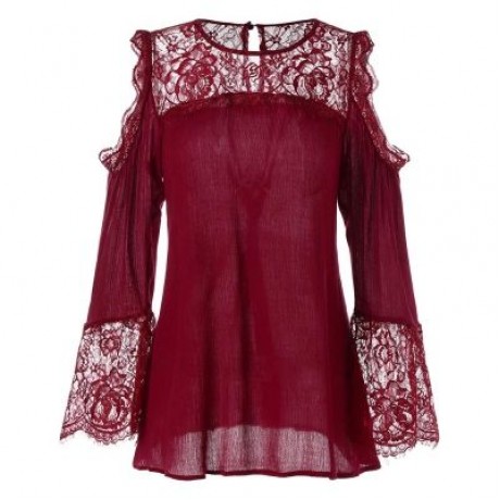 Open Shoulder Lace Insert Blouse (RED WINE)